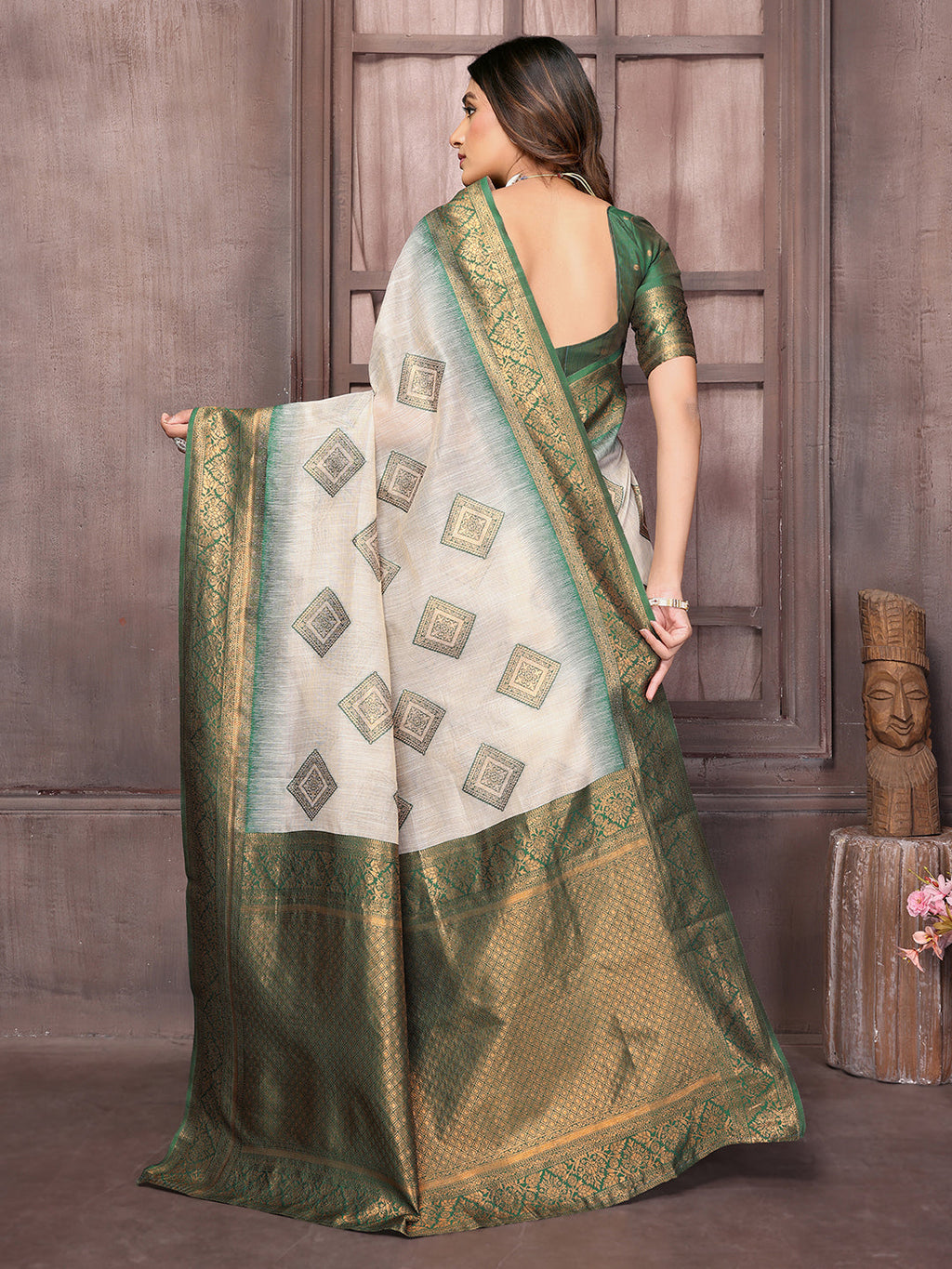 Janasya Beige & Green Cotton Linen Ethnic Print Kanjivaram Saree | Grocsy