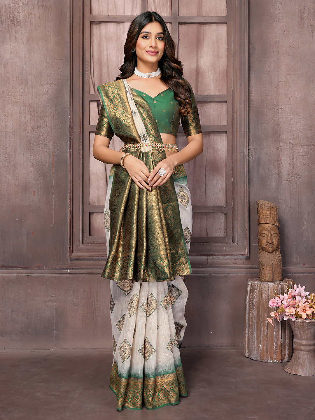 Janasya Beige & Green Cotton Linen Ethnic Print Kanjivaram Saree | Grocsy