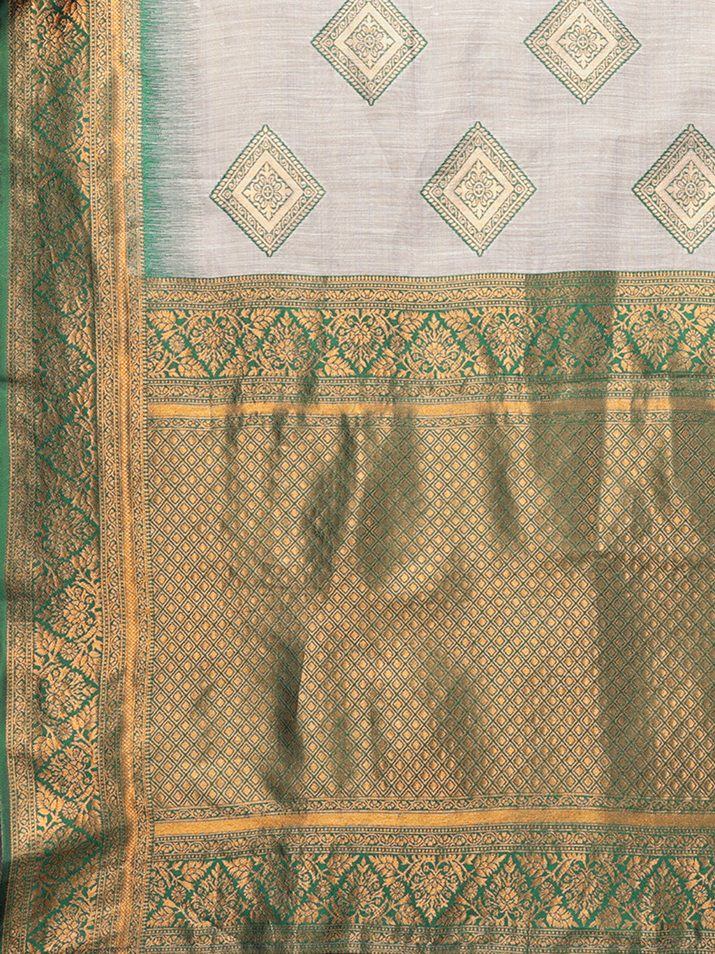 Janasya Beige & Green Cotton Linen Ethnic Print Kanjivaram Saree | Grocsy