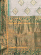 Janasya Beige & Green Cotton Linen Ethnic Print Kanjivaram Saree | Grocsy