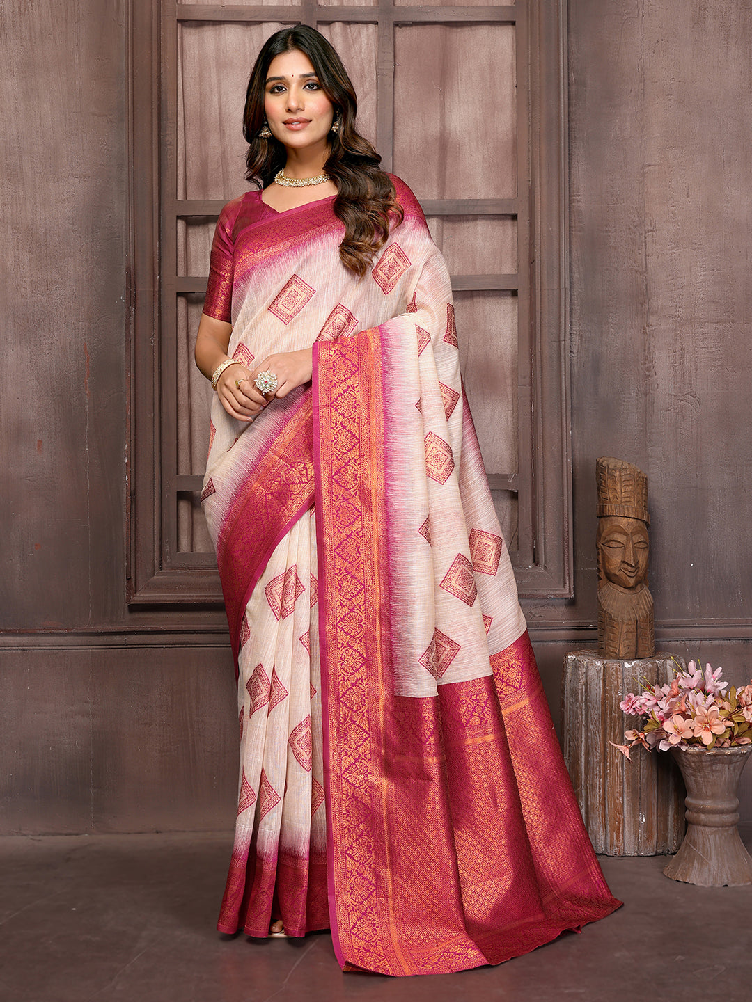 Janasya Beige & Wine Cotton Linen Ethnic Motifs Kanjivaram Saree | Grocsy