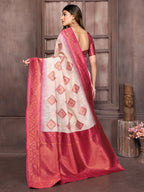Janasya Beige & Wine Cotton Linen Ethnic Motifs Kanjivaram Saree | Grocsy