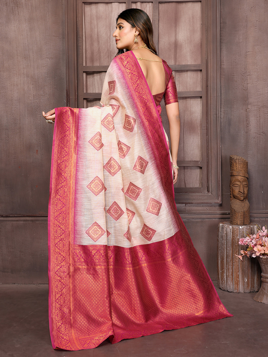 Janasya Beige & Wine Cotton Linen Ethnic Motifs Kanjivaram Saree | Grocsy