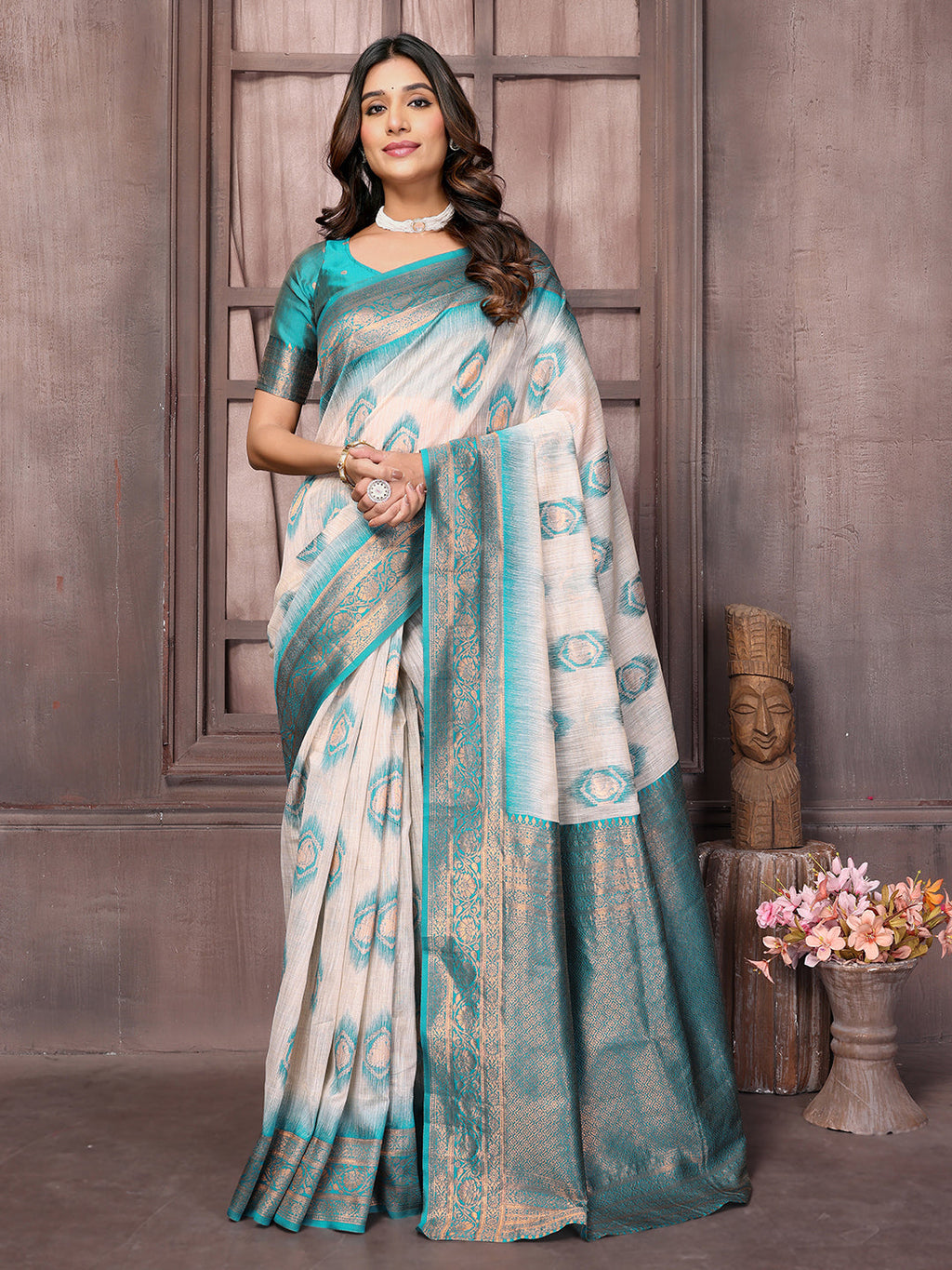 Janasya Beige & Teal Blue Cotton Linen Ethnic Motifs Kanjivaram Saree | Grocsy