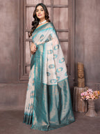 Janasya Beige & Teal Blue Cotton Linen Ethnic Motifs Kanjivaram Saree | Grocsy