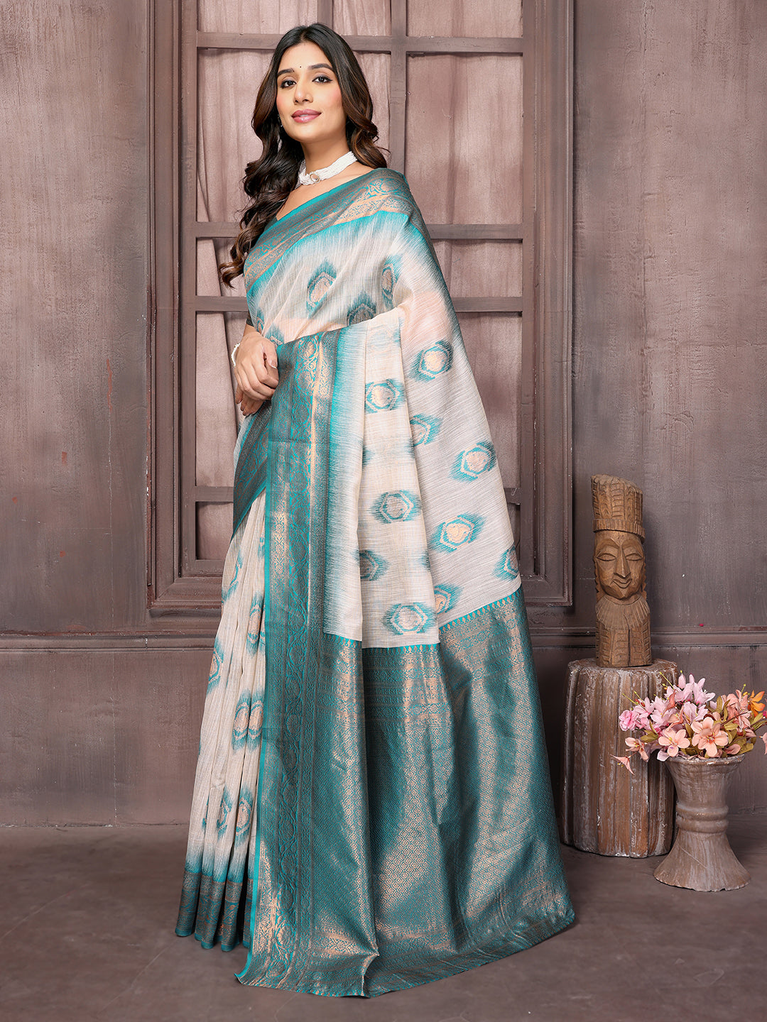 Janasya Beige & Teal Blue Cotton Linen Ethnic Motifs Kanjivaram Saree | Grocsy