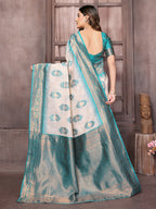 Janasya Beige & Teal Blue Cotton Linen Ethnic Motifs Kanjivaram Saree | Grocsy