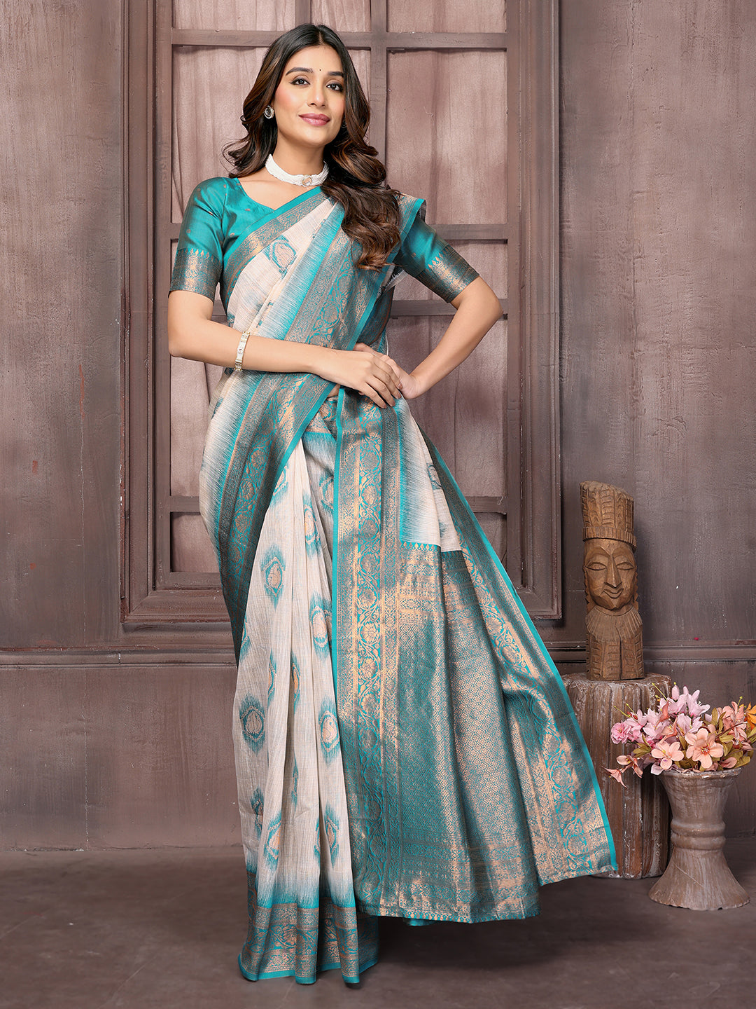 Janasya Beige & Teal Blue Cotton Linen Ethnic Motifs Kanjivaram Saree | Grocsy