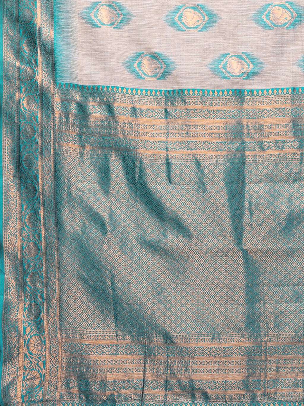 Janasya Beige & Teal Blue Cotton Linen Ethnic Motifs Kanjivaram Saree | Grocsy