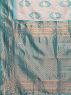 Janasya Beige & Teal Blue Cotton Linen Ethnic Motifs Kanjivaram Saree | Grocsy