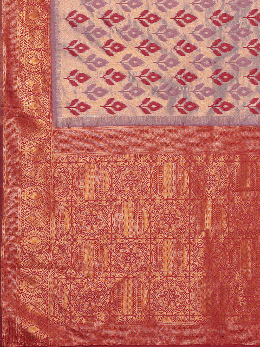Janasya Grey & Maroon Silk Blend Ethnic Motifs Kanjivaram Saree | Grocsy
