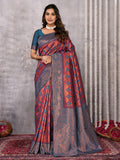 Janasya Purple & Copper Silk Blend Ethnic Motifs Kanjivaram Saree | Grocsy