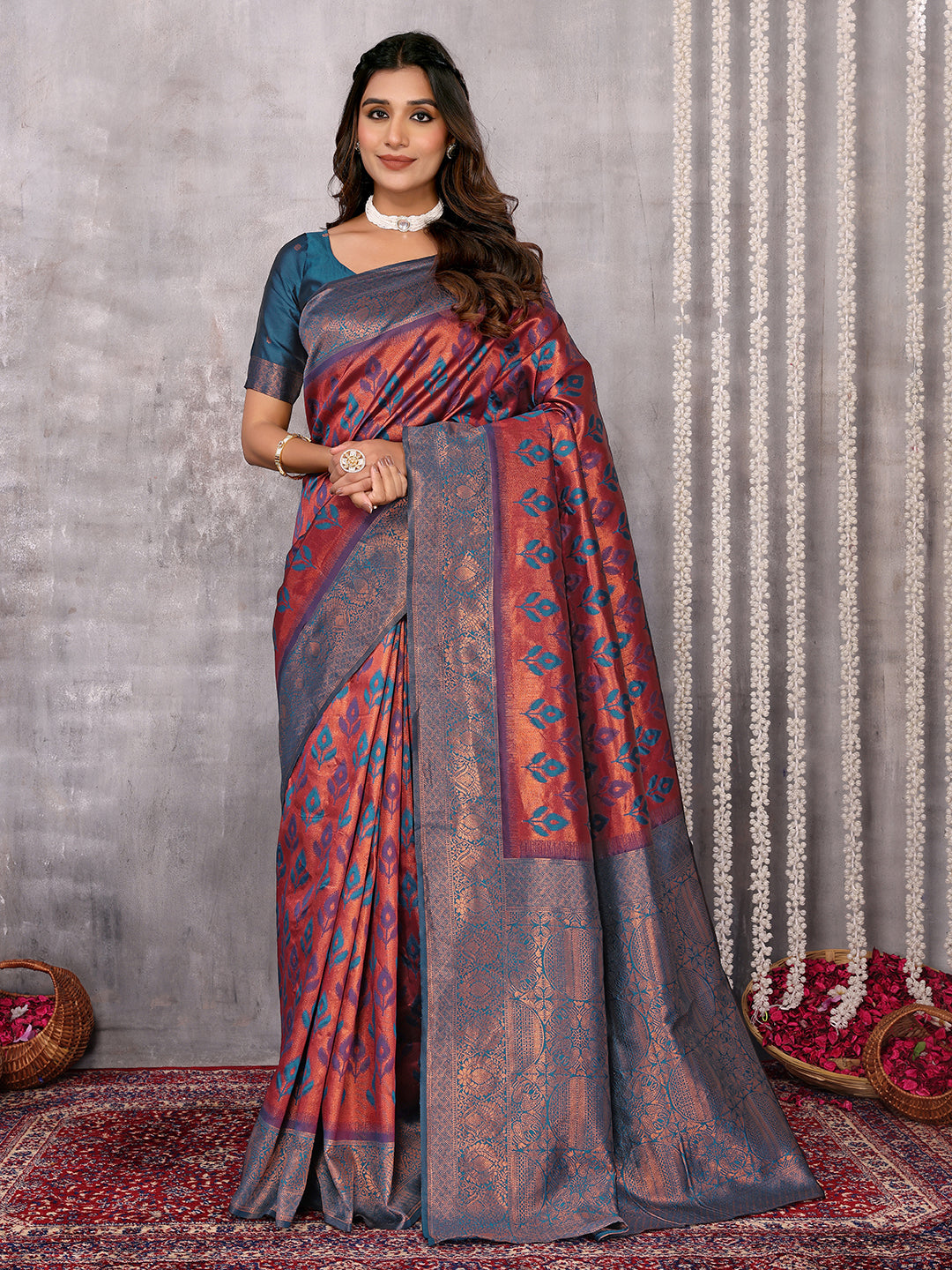 Janasya Purple & Copper Silk Blend Ethnic Motifs Kanjivaram Saree | Grocsy