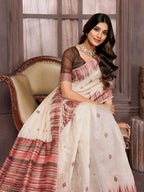 Janasya Beige Chanderi Geometric Woven Saree | Grocsy