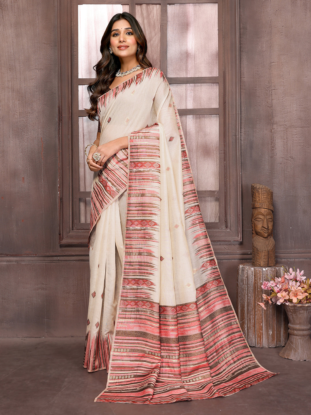 Janasya Beige Chanderi Geometric Woven Saree | Grocsy