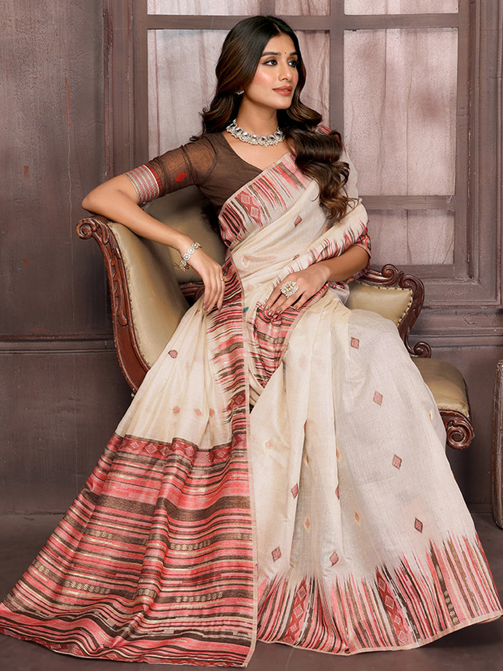 Janasya Beige Chanderi Geometric Woven Saree | Grocsy