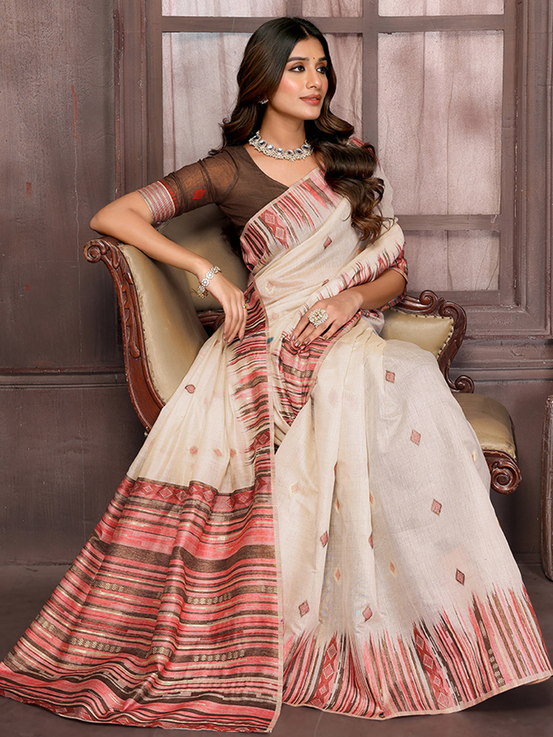 Janasya Beige Chanderi Geometric Woven Saree | Grocsy