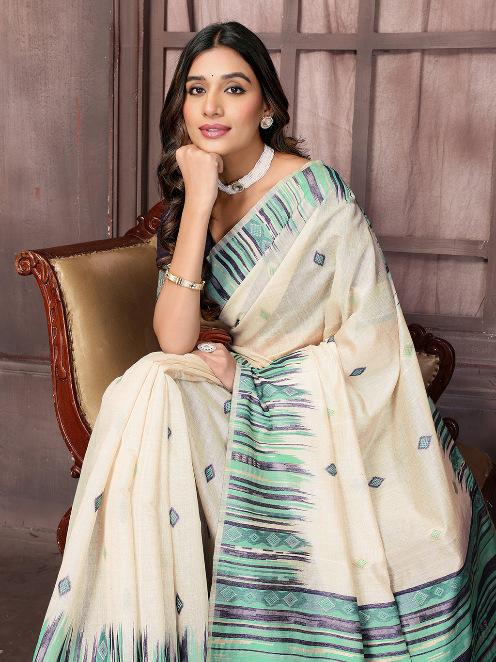 Janasya Beige & Blue Chanderi Geometric Woven Saree | Grocsy
