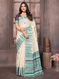 Janasya Beige & Blue Chanderi Geometric Woven Saree | Grocsy