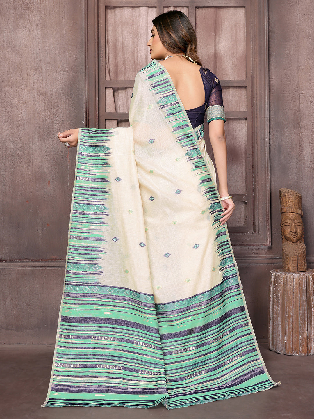 Janasya Beige & Blue Chanderi Geometric Woven Saree | Grocsy