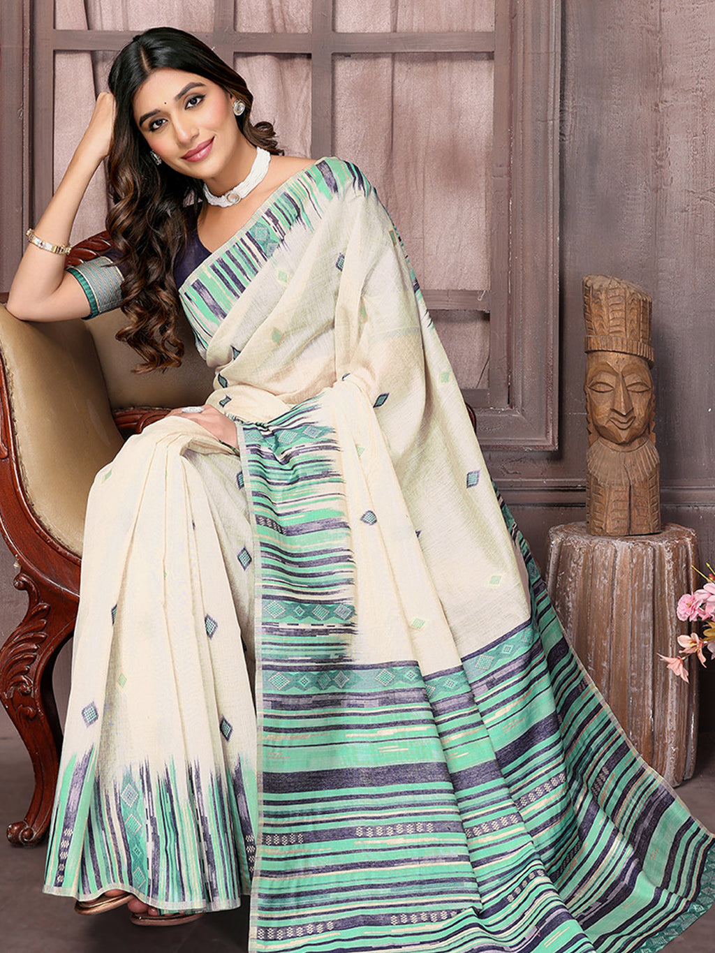 Janasya Beige & Blue Chanderi Geometric Woven Saree | Grocsy