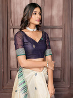 Janasya Beige & Blue Chanderi Geometric Woven Saree | Grocsy
