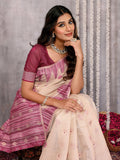 Janasya Beige & Mauve Cotton Linen Geometric Woven Saree | Grocsy