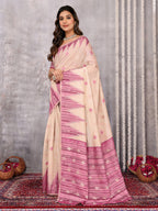 Janasya Beige & Mauve Cotton Linen Geometric Woven Saree | Grocsy