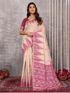 Janasya Beige & Mauve Cotton Linen Geometric Woven Saree | Grocsy