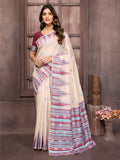 Janasya Beige & Wine Chanderi Geometric Woven Saree | Grocsy