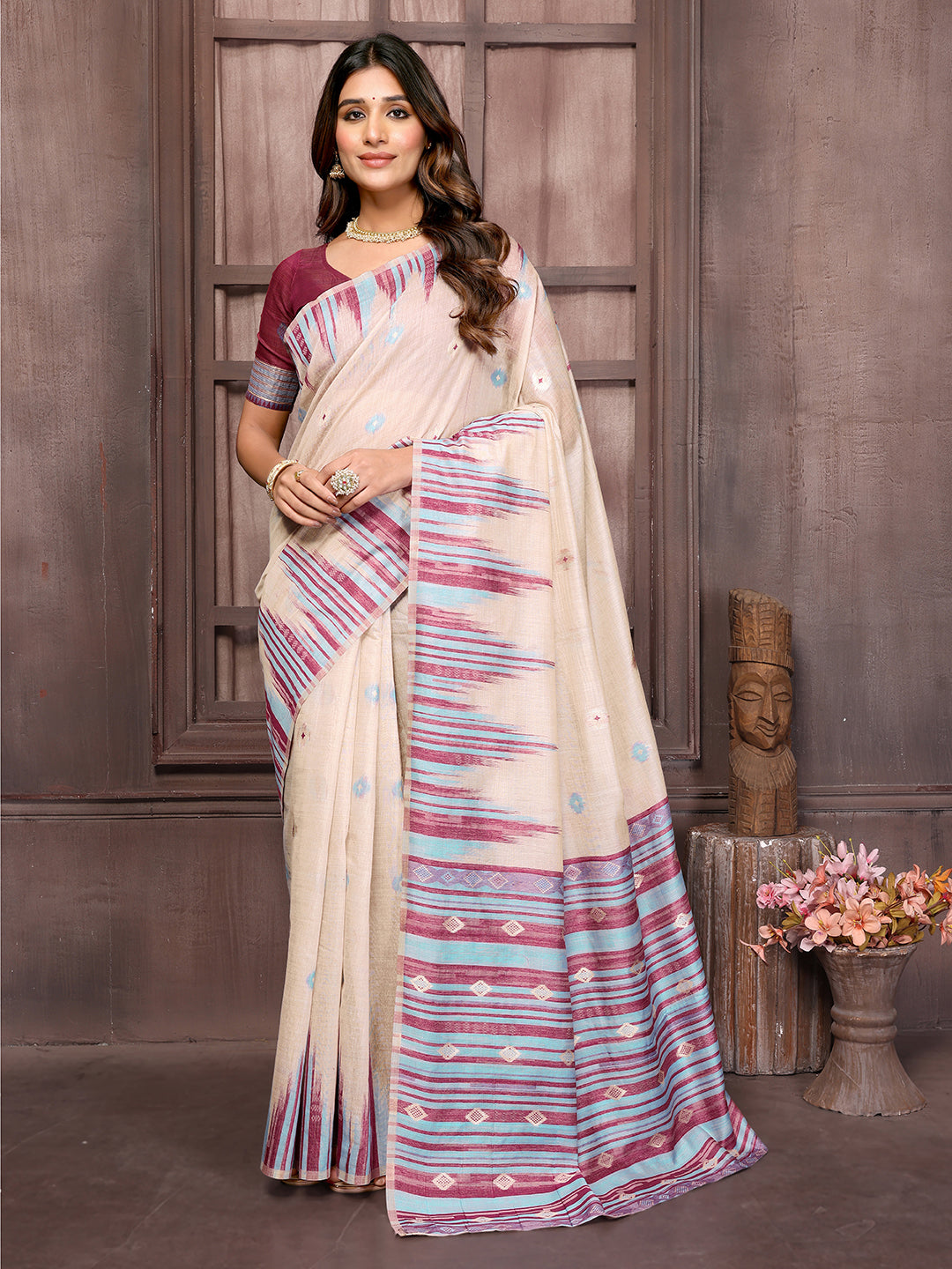 Janasya Beige & Wine Chanderi Geometric Woven Saree | Grocsy