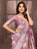Janasya Mauve Cotton Linen Ethnic Print Woven Saree | Grocsy
