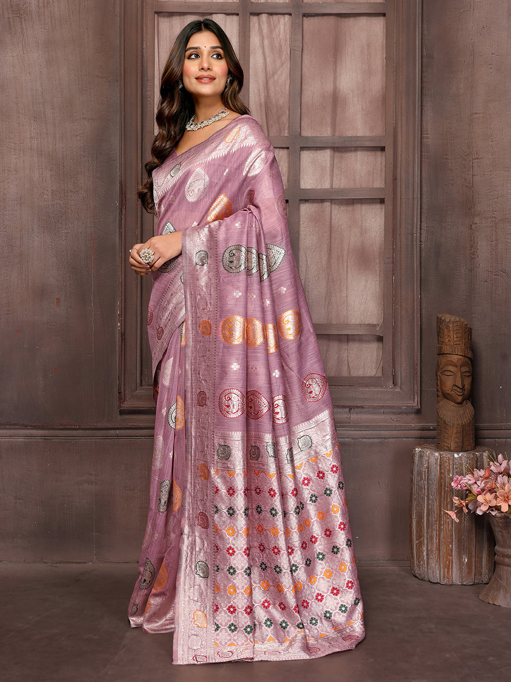 Janasya Mauve Cotton Linen Ethnic Print Woven Saree | Grocsy