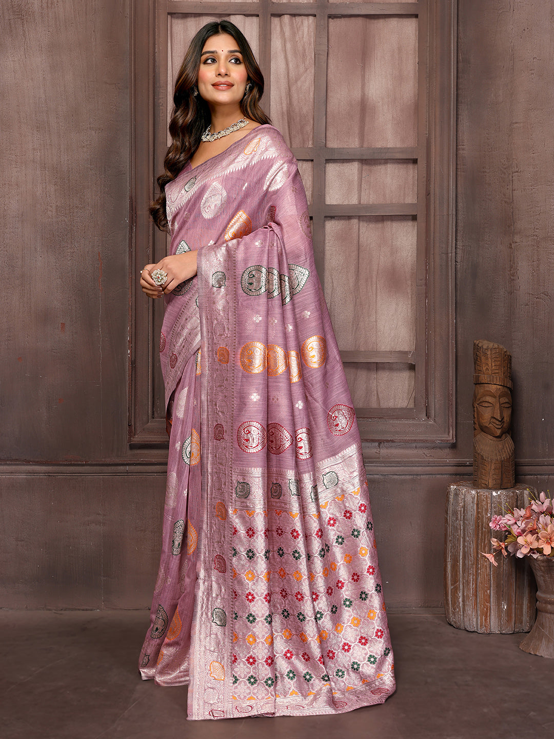 Janasya Mauve Cotton Linen Ethnic Print Woven Saree | Grocsy