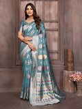 Janasya Blue Cotton Linen Ethnic Motifs Kanjivaram Saree | Grocsy