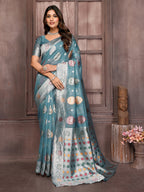Janasya Blue Cotton Linen Ethnic Motifs Kanjivaram Saree | Grocsy