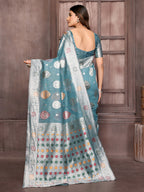 Janasya Blue Cotton Linen Ethnic Motifs Kanjivaram Saree | Grocsy