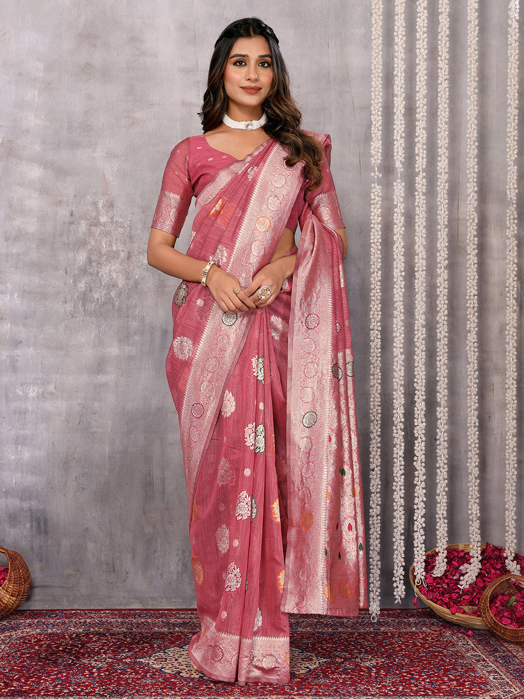 Janasya Pink Cotton Linen Floral Woven Saree | Grocsy