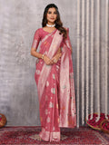 Janasya Pink Cotton Linen Floral Woven Saree | Grocsy