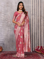Janasya Pink Cotton Linen Floral Woven Saree | Grocsy