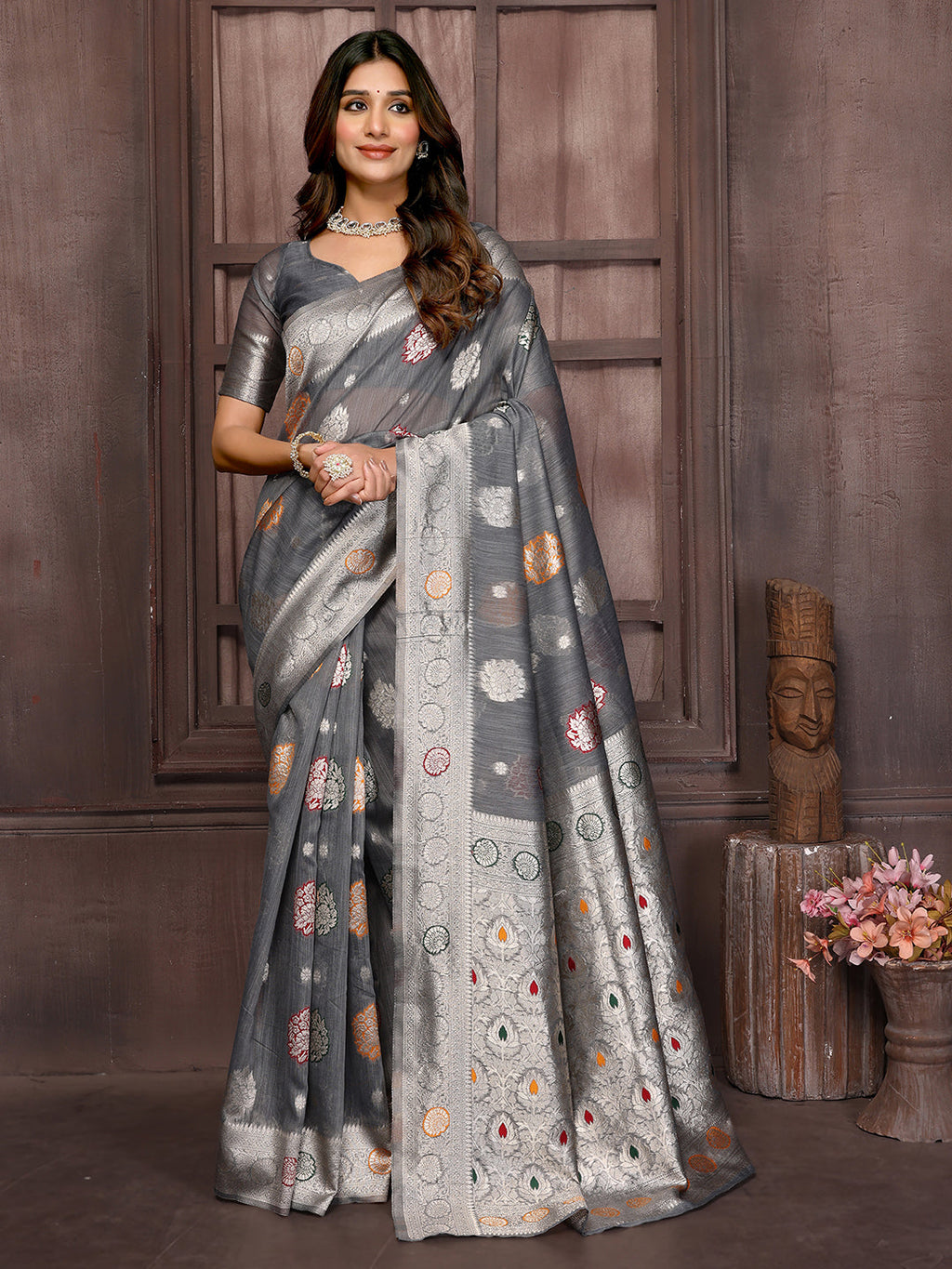 Janasya Grey Cotton Linen Ethnic Motifs Woven Saree | Grocsy