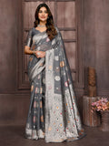 Janasya Grey Cotton Linen Ethnic Motifs Woven Saree | Grocsy