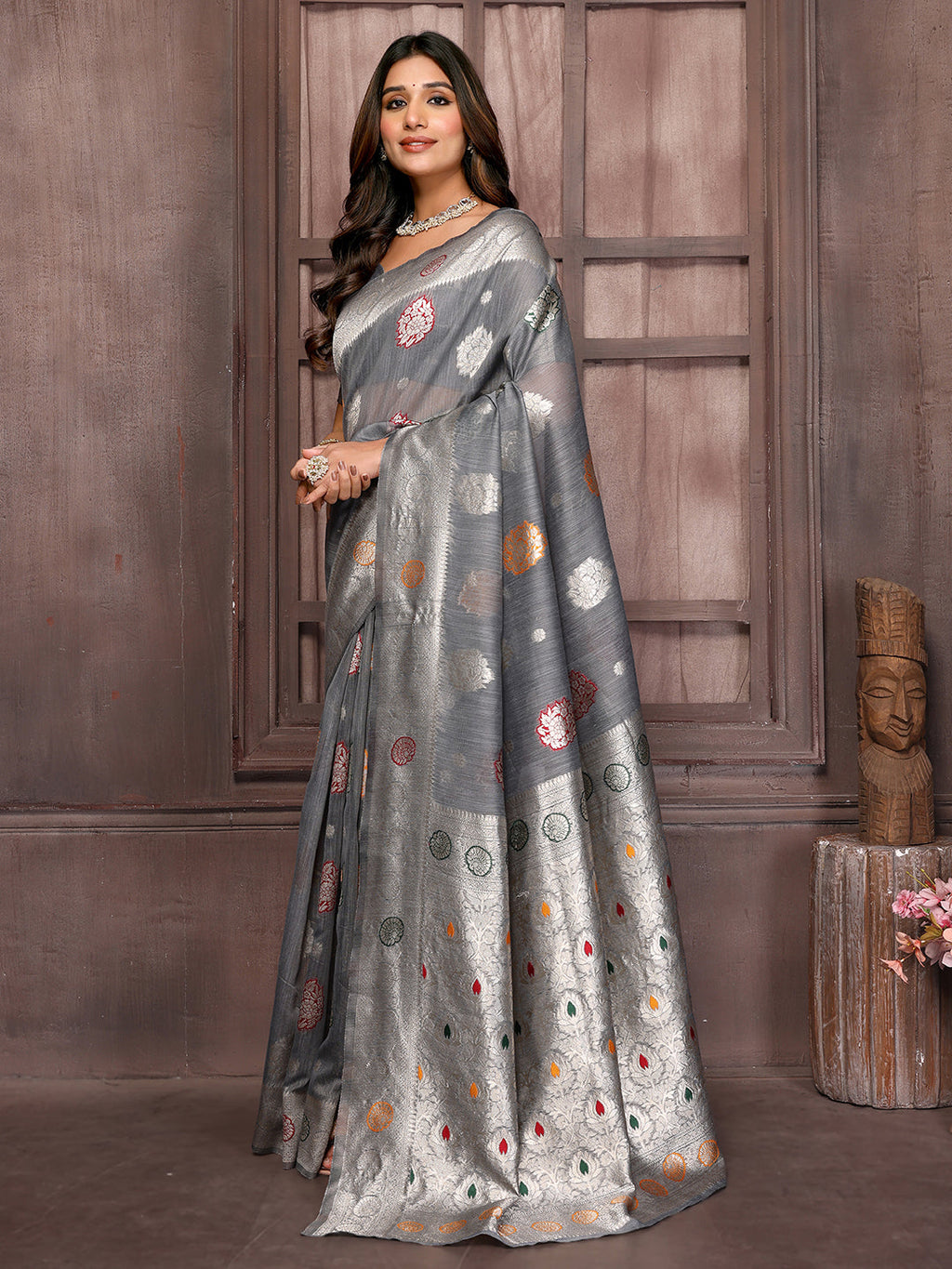 Janasya Grey Cotton Linen Ethnic Motifs Woven Saree | Grocsy