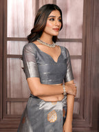 Janasya Grey Cotton Linen Ethnic Motifs Woven Saree | Grocsy