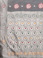 Janasya Grey Cotton Linen Ethnic Motifs Woven Saree | Grocsy