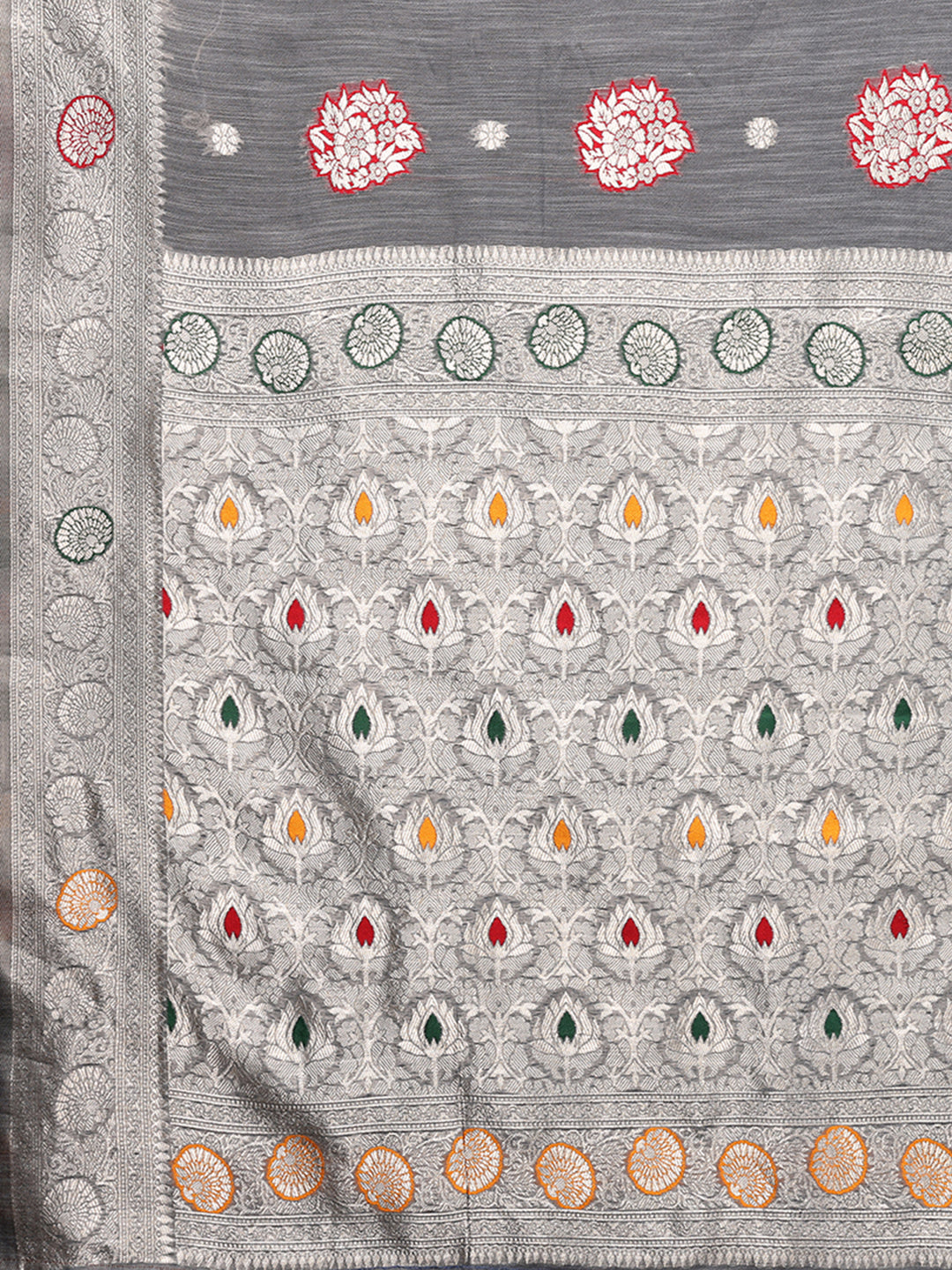 Janasya Grey Cotton Linen Ethnic Motifs Woven Saree | Grocsy