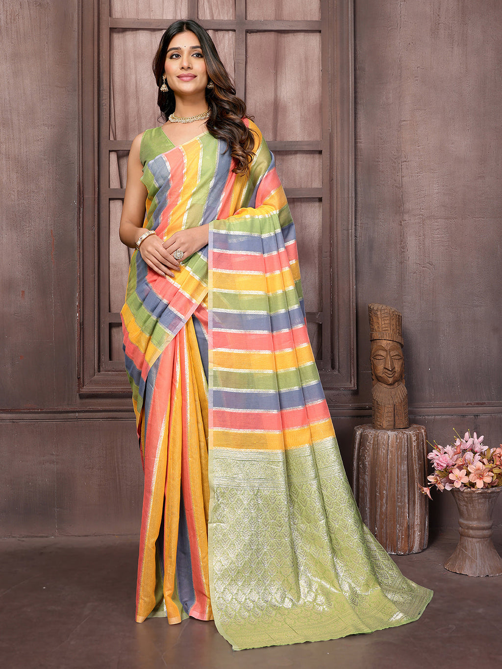 Janasya Multicolor Cotton Striped Woven Saree | Grocsy
