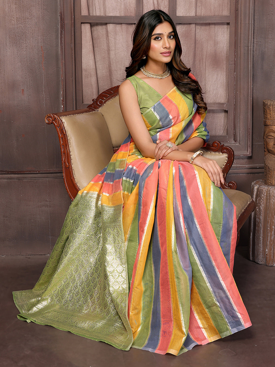 Janasya Multicolor Cotton Striped Woven Saree | Grocsy