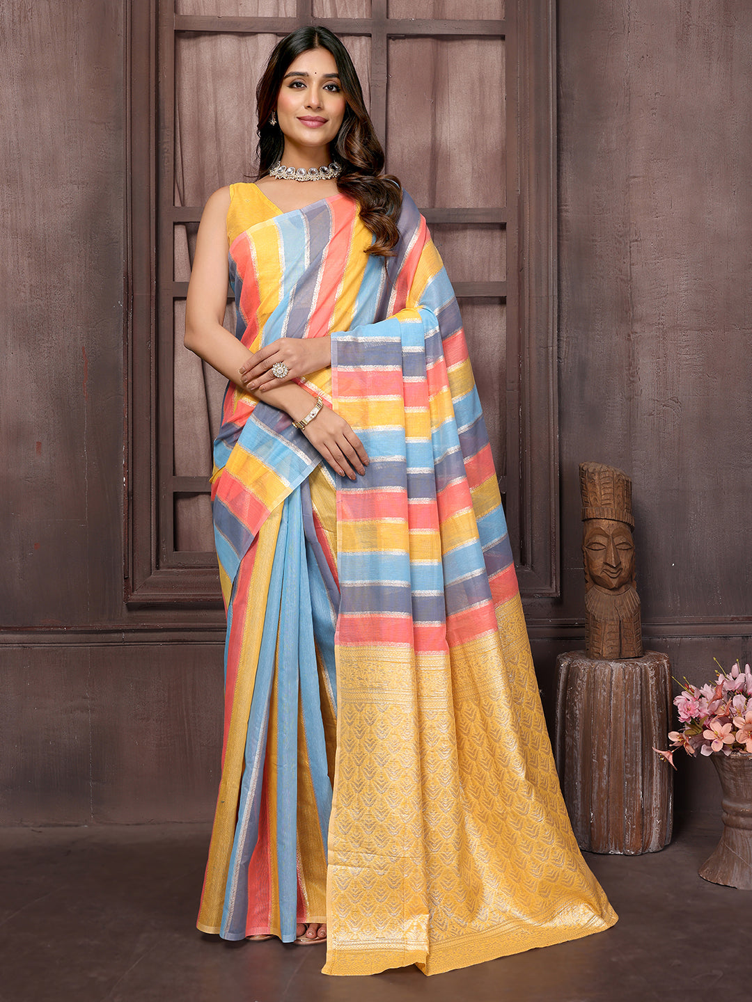Janasya Multicolor Cotton Striped Woven Saree | Grocsy