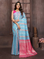 Janasya Light Blue Cotton Ethnic Print Jacquard Saree | Grocsy